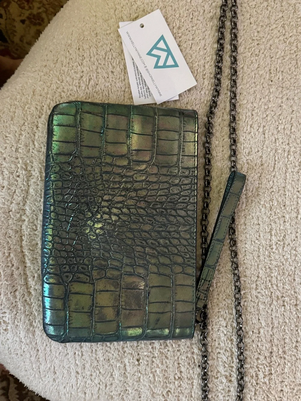 Kelly Wynne Iridescent Green Croc-Embossed Clutch Wallet with strap